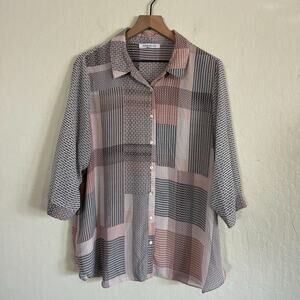 Rose + Olive 3/4 Sleeve Button Down Shirt Plus Size 1X Pink Black White Plaid